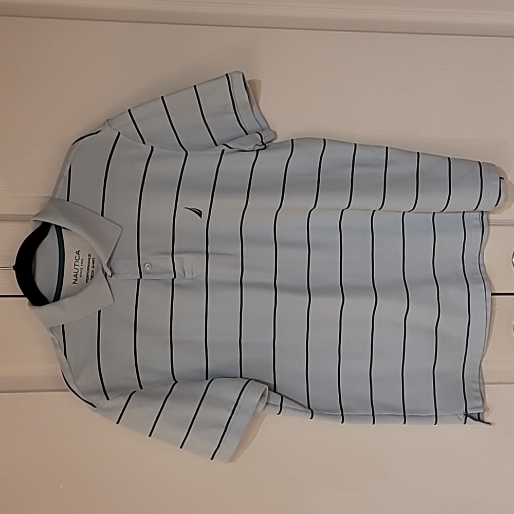 Nautica Light Blue Striped Polo Performance Deck Shirt - Large